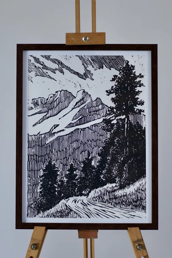 Зображення "Carpathian Mountains" від Anastasiia Stasiuk , розмір: 30*40, матеріали: Лінолеум, чорнило, медіум: Графіка, місто: Львів, серія: Ліногравюри, ціна: $190
